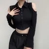 WhereMery OL Sexy Off Shoulder Black Blouse Poloneck Button Cardigan Crop Tops Women Formal Occasions Long Sleeve Slim Clothes 240322