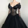 Seksowna czarna sukienka konkursowa na balu 2024 Kobiety na ramię długie rękawy
