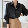 Chic Design Ruffles Bluuses Women ol Fashion Black White Shirt Office Lady Polo Collar Blusas Long Sleeve Spring Tops 240322