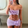 Kvinnors badkläder 3st/set sexig kvinnor bikini set sommar fast färg halter bandeau bh hög midja trosor 3d blommor dekor täcker kjol