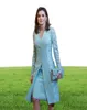 エレガントな膝の長さの花嫁のドレススーツ短い2つのピースティールブルー長袖ウェディングレースのための青青色のグルームマザードレス英国A4230290