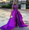 Sexy Purple Sequined Overskirt Jumpsuit Prom Dresses High Neck Appliqued Side Split Evening Gowns Beaded Formal Dress