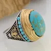 Cluster Rings Fashion Big Oval Natural Turquoises Stone Ring Men Vintage Gold Silver Color Blue Bead Wedding For Women Punk Boho Jewelry