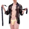 men's Sexy Porn Ultra-thin perspective Lace Short Bathrobe Nightdr Mesh Openwork Pajamas Men Exotic Lingerie Clothing r59c#