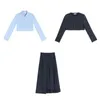 İki Parça Elbise Kadınlar Sonbahar Kolej Tarzı Fermuar Gömlek Blazer Pileli Etek Üç Set Retro Rahat Kısa Takım Uzun