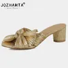 Pantoufles Jozhamta Taille 34-40 Diapositives Sandales Femmes Gold Bow Chunky Talons Hauts Chaussures pour l'été 2024 Peep Toe Mule