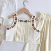Humor Bear Summer Girls Clothes Set Sleeveless Embroidery VestWide Leg Pant 2Pcs Toddler Korean Style Kids 240325