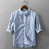 Mens Casual Shirts 2023 Cotton Linen Shirt Half Sleeve Blus Top Botton Pinstripe PLUE STORLEK 4XL Bekväma vackra män S Drop Deliv OT5VK