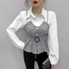 Womens Versatile Temperament Top Autumn and Winter Fashion POLO Collar Splice Buttons Up Commuting Long Sleeved Shirt 240322