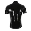 Mens WetLook PVC Leather T Shirts Topps Black Punk Tight Fitn Clothing Short Sleeve Zipper Mens Stage Topps Sexy Party Clubwear 85HV#