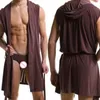 Heißer Verkauf Männer Bademantel Sexy Pyjamas Nachtwäsche Nachthemd Nachtwäsche Hombre Mit Kapuze Bad Robe Männer Bade Kleid Plus Größe m0aE #