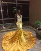 Желтые бархатные длинные платья русалки для выпускного вечера Черные девушки с лямкой на шее и кружевными аппликациями Вечерние платья с открытой спиной и шлейфом BC0829