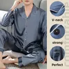 Homens Ice Silk Pijamas Pijamas Pijama Conjuntos Nightclothes Preto Azul L XXL 3XL 4XL Lg Mangas Lg Calças Suave Cor Sólida 77uF #