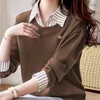 Womensspring Autumn Striped Patchwork Pullover Turndown Collar Solid Rivet Button Lång ärm Tshirt Hoodies Sports Tops 240313