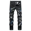 Big Size 40 42 Europe Fi Style Men Jenas Denim Pants Printed Stripe Hole Skinny Trousers Slim Black Jeans For Man 7116 31ks#