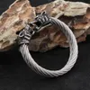 Vintage Viking Double Wolf Head Twisted Cable Open Cuff Bangle Armband Mens Punk Biker rostfritt stål smycken gåvor grossist 240311