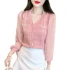 Kvinnor BLOUSES 2024 SPRING Fashion Thin Knitwear Female Nailed Bead Bow Splice Chiffon Shirt Top