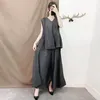 Kadınlar İki Parçalı Pantolon Miyake Pileli Zarif Moda Setleri Yaz Kolsuz Üst Kemer Geniş Bacak Harem Koreli Tasarımcı Kadın Giysileri