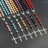 Pendant Necklaces Multicolor Beads Rosary Necklace Men And Women Long Imitation Pearl Cross Faith Necklace.
