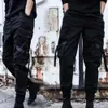 Calças cargo masculinas, calças pretas com vários bolsos, hip hop, cordão, jogger, tornozelo, cintura elástica, slim fit, techwear 59v0 #