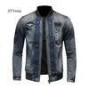 European Style Stand Collar Patch Bomber Pilot Blue Denim Jacket Men Jeans Coats Motorcycle Casual Outwear Clothing Overcoat 240319