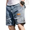 Verano de los hombres Slim Loose Fit Fi Etiqueta Denim Jogger Pantalones Five Point Fi Blue Baggy Shorts Jeans P2DE #