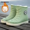 COMEMORE WOMENS GREEN WATROUF SHOES LADIES PINK FUR RAINSHOES WOMAN GALOSHESデザイナーミッドカーフ冬レインブーツ240321