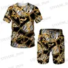 Мужские спортивные костюмы Летняя футболка с 3D-принтом шорты из 2 предметов повседневный мужской комплект с узором мужской спортивный комплект золотой роскошный ретро короткий комплект T240326