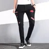 Men's Jeans Plus Size Straight Embroidered Denim Black Rose Design Slim Small Foot Casual Pants For Male Large Trousers