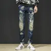 Mężczyźni ułożone w ułożone dżinsy streetwear proste nogi Vintage Darmowe Denim Spodnie Vintage chłopak plus rozmiar 28-40 punkowe spodnie F2RG#