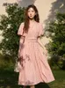 Party Dresses MISHOW Pink Plaid Dress For Women 2024 Summer A-LINE Puff Sleeve V-Neck Retro Pullover Elastic Waist Slim Midi MXC35L1461