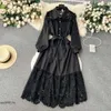 2024 Latest Model Basic Casual Dresses Runway Fashion Lace Women Lapel Long Sleeve Embroidery Hollow Out Loose Belt Party Evening Dress Ladies Quality