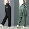 men's Casual Pants Summer Ice Silk Leggings Male Elastic Quick-Drying Straight Loose Waist Trimming Busin Trousers Black i3Oh#