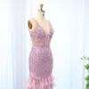 Said Feathers Blue Mermaid Evening Sharon Dresses For Women Wedding V-Neck Pink Side Slit Long Prom Party Dress Ss184