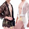 men's Sexy Porn Ultra-thin perspective Lace Short Bathrobe Nightdr Mesh Openwork Pajamas Men Exotic Lingerie Clothing r59c#