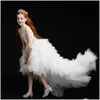 フラワーガールズドレス2024結婚式のクリスタルのための高い低い女の子ビーズの豪華なロングトレインフリスト聖​​体拝領ガウンホワイトパールページェントotw7k