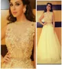 Mayiam Fares Dresses 2015 Sheer Yellow Lace A Line Bateau Neckline Tulle Appliqued Celebrity Dresses with Sash4708944