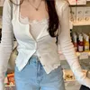 Women's T Shirts Women White Outfit Korean Fashion Sweet Knitted Cardigan And Lace Camisole Y2k Cute Two Piece Knitwear Crop Tops Spring