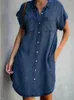 Casual Dresses Summer Women Knäslängd klänning mode Slå ner krage korta ärmknappar denim skjorta kvinna stor storlek jean