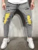 Masculino casual criativo estilo de rua alta estiramento pintura splatter rasgado design fino ajuste jeans calças jeans para primavera verão 15wD #