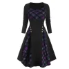 Autumn Winter Women's Vintage Round Neck Plaid Patchwork Mock Button Long Sleeve Dress New In Dresses