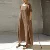 Casual Dresses Round Collar Dress Summer Maxi Oversized A-line With Pockets For Women Solid Color Short Sleeves Soft Plus Size