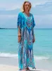 ボヘミアンシーサイドプラスサイズプリントKaftan Maxiドレスvネックスリットルーズローブ女性2024サマービーチウェア水着の隠蔽Q1415 240318