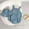Summer baby denim rompers with hat 2pcs sets fashion toddler kids soft thin cowboy suspender infant boys girls triangle climb clothes Z3328