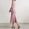 Womens pink knitted mediumlength dress senior sense of fashion temperament polo collar waistskimming long 2023 240323