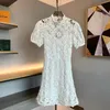 Women's dress white stand collar short sleeved embroidered hollow lace up knitted mini dress