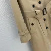 Women Khaki British Jacket Double Breasted With Belt Long Trench Classic Lapel Long Sleeve Windproof Overcoat Streetwear