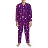 Sterne und gestreifte Pyjamas Männer Rot und Blau Schöne Freizeit Nachtwäsche Herbst 2 Stück Casual Oversize Design Pyjama Set D9el #
