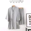 Été 2 pièces Style japonais hommes Ray mince vêtements ensembles solide Kimo Cott vêtements à la vapeur pyjamas ensemble hommes peignoir chemise de nuit D6l3 #