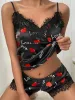 Pyjamas Bequeme Damen Zwei Liebe Spitze Druck Homewear Neck Dot Elegant Fi Set Stück Kawaii Herz Lippen Seide J6aQ #